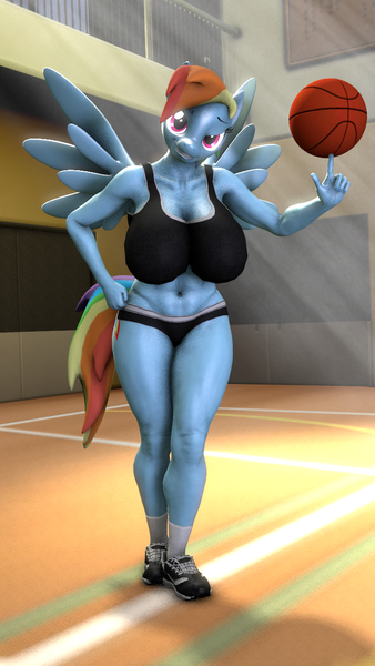 Size: 720x1280 | Tagged: suggestive, artist:warhammer50k, derpibooru import, rainbow dash, sunny starscout, anthro, pegasus, g4, g5, 3d, basketball, belly, belly button, big breasts, breasts, busty rainbow dash, clothes, cocky, eyebrows, female, females only, fitness, grin, gym, hand on hip, hanging breasts, image, looking at you, offscreen character, png, pov, raised eyebrow, running shoes, shiny skin, shorts, smiling, smirk, socks, solo, source filmmaker, spinning ball, sports, sports bra, sports outfit, sports shorts, spread wings, sweat, wings