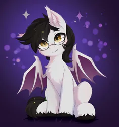 Size: 3932x4182 | Tagged: safe, alternate version, artist:empress-twilight, derpibooru import, oc, oc:jolting madness, unofficial characters only, bat pony, pony, bat pony oc, bat wings, black mane, black tail, cheek fluff, chest fluff, claws, colored hooves, colored wings, commission, ear fluff, ear tufts, eye clipping through hair, eyebrows, eyebrows visible through hair, fangs, glasses, gradient eyes, gradient wings, hooves, image, leg fluff, looking at you, male, png, shiny eyes, sitting, slit pupils, smiling, smiling at you, solo, sparkles, spread wings, stallion, tail, tail wrap, tied tail, unshorn fetlocks, white coat, wing claws, wings, ych result