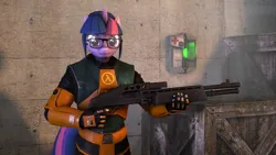 Size: 1280x720 | Tagged: safe, artist:warhammer50k, derpibooru import, twilight sparkle, anthro, unicorn, g4, 3d, angry face, black mesa, crates, crossover, dust, female, females only, glasses, gun, half-life, hev suit, horn, image, looking at you, medkit, parody, png, poster, shotgun, solo, source filmmaker, spas-12, unamused, unicorn twilight, weapon