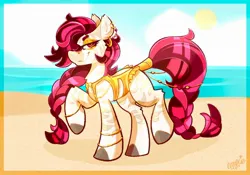 Size: 2000x1396 | Tagged: safe, artist:ezzerie, derpibooru import, oc, oc:deja vu, unofficial characters only, pony, zebra, beach, clothes, gold, image, jewelry, jpeg, ocean, smiling, smirk, solo, swimsuit, water, zebra oc