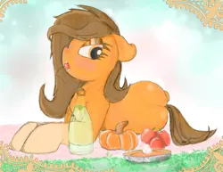 Size: 3300x2550 | Tagged: safe, artist:gean, derpibooru import, oc, oc:gean, earth pony, pony, alcohol, apple, bedroom eyes, champagne, cherry, food, foodplay, holiday, image, outdoors, pencil drawing, pie, png, pumpkin, simple background, solo, thanksgiving, traditional art, wine