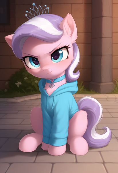 Size: 832x1216 | Tagged: safe, ai content, anonymous prompter, derpibooru import, machine learning generated, diamond tiara, earth pony, pony, g4, angry, brick wall, chest fluff, choker, clothes, cute, ear fluff, female, filly, foal, hoodie, image, jewelry, looking at you, png, sitting, solo, tiara