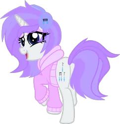 Size: 1799x1860 | Tagged: safe, artist:tkn297, derpibooru import, oc, oc:pastel note, pony, unicorn, clothes, female, headphones, hoodie, horn, image, mare, png, simple background, solo, transparent background