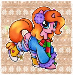 Size: 2560x2632 | Tagged: safe, artist:dariarchangel, derpibooru import, oc, oc:dazha, unofficial characters only, pony, unicorn, :d, adorable face, blue eyes, boots, clothes, cute, cute face, cute smile, earmuffs, female, female oc, fur, heart, hoof shoes, horn, image, jacket, jpeg, long scarf, long socks, ocbetes, open mouth, open smile, orange hair, orange mane, orange tail, passepartout, patterned background, pink coat, pony oc, raised hoof, scarf, shoes, small horn, smiling, snow, snowflake, socks, solo, standing on two hooves, striped scarf, striped socks, tail, tied tail, traditional art, unicorn oc, winter clothes, winter coat, winter outfit