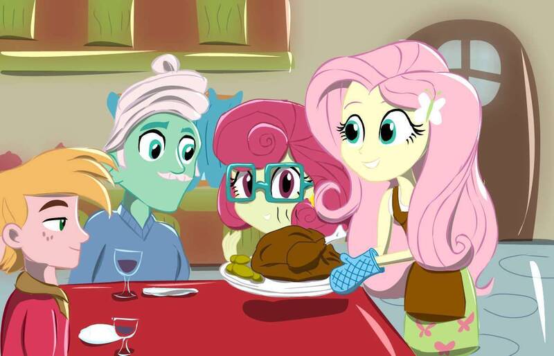 Size: 1171x753 | Tagged: safe, artist:herl89, derpibooru import, big macintosh, fluttershy, gentle breeze, posey shy, equestria girls, g4, female, fluttermac, holiday, image, jpeg, male, ship:shys, shipping, straight, thanksgiving