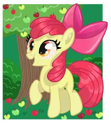 Size: 3136x3568 | Tagged: safe, artist:annuthecatgirl, derpibooru import, apple bloom, earth pony, pony, g4, apple, apple tree, bow, female, filly, foal, food, hair bow, image, passepartout, png, raised hoof, simple background, solo, tree