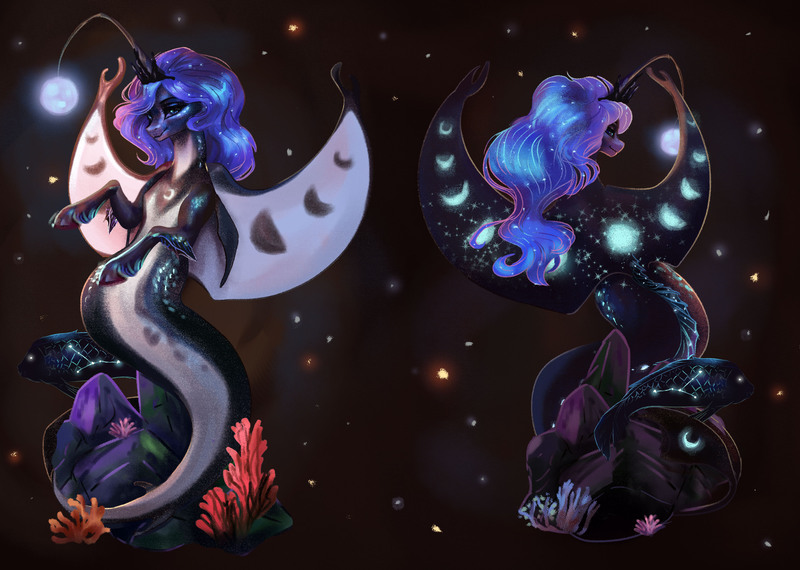 Size: 3579x2551 | Tagged: safe, artist:polnocnykot, derpibooru import, princess luna, alicorn, fish, hybrid, merpony, pony, seapony (g4), g4, angler seapony, bioluminescent, blue eyes, blue mane, blue tail, bubble, commission, concept, constellation, coral, crepuscular rays, crown, cute, dorsal fin, ethereal mane, eyelashes, female, fin, fin wings, fins, fish tail, flowing mane, glow, horn, image, jewelry, jpeg, lidded eyes, looking at you, mare, ocean, peytral, regalia, rock, scales, seaponified, seapony luna, seaweed, signature, smiling, smiling at you, solo, species swap, spread wings, stars, stingray, tail, traditional art, underwater, unshorn fetlocks, water, wings