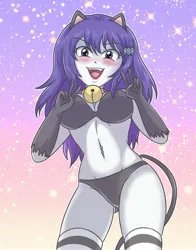 Size: 1763x2250 | Tagged: suggestive, artist:sumin6301, derpibooru import, rarity, cat, human, equestria girls, g4, bell, bell collar, belly, belly button, belly piercing, black bra, black panties, black underwear, blushing, bra, breasts, busty rarity, cat ears, catgirl, clothes, collar, double peace sign, eyebrows, eyebrows visible through hair, fangs, female, gradient background, image, jpeg, lipstick, looking at you, open mouth, panties, peace sign, piercing, purple hair, raricat, smiling, smiling at you, socks, solo, solo female, striped socks, underwear