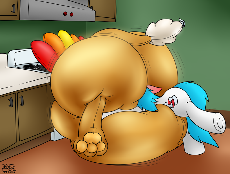 Size: 2454x1857 | Tagged: questionable, artist:the-furry-railfan, derpibooru import, oc, oc:minty candy, oc:squish, unofficial characters only, gryphon, pony, unicorn, g4, belly, big belly, blushing, butt, clothes, costume, ear blush, frog (hoof), horn, huge belly, huge butt, image, impossibly large belly, impossibly large butt, inflatable, inflatable toy, inflation, kitchen, large butt, oven, paw pads, paws, png, squishy, stove, stuck, surprised, toe beans, underhoof, underpaw