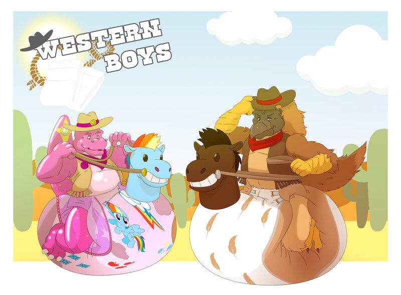 Size: 4096x3014 | Tagged: questionable, artist:leoniro_the_inklion, derpibooru import, rainbow dash, anthro, bird, dinosaur, dragon, eagle, horse, anthro with ponies, cowboy, cowboy hat, diaper, diaper fetish, duo, duo focus, fetish, hat, image, implied rainbow dash, jpeg, my little pony, non-baby in diaper, poofy diaper, pool toy, pullup (diaper), toy