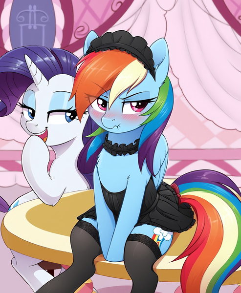 Size: 2944x3586 | Tagged: safe, ai content, derpibooru import, machine learning generated, prompter:local sugar provider, rainbow dash, rarity, pegasus, pony, unicorn, g4, adorasexy, and then there's rarity, bedroom eyes, blushing, bow, carousel boutique, clothes, collar, cute, dashabetes, derpibooru exclusive, dress, dressing, dressup, duo, duo female, embarrassed, enjoying, female, frilly dress, frilly socks, frown, funny, giggling, grumpy, headdress, high res, horn, humiliation, image, interactive, legwear, lingerie, link in description, looking at someone, looking away, lost bet, maid, maid headdress, mare, nightgown, playful, png, rainbow dash always dresses in style, rainbow dash is not amused, rarity being rarity, scrunchy face, sexy, sitting, skirt, smiling, smiling at someone, socks, stool, story in the source, table, tail, tail bow, teasing, thigh highs, tsunderainbow, tsundere, unamused, varying degrees of amusement, wings