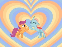 Size: 960x720 | Tagged: artist needed, safe, anonymous artist, artist:cloudy glow, derpibooru import, ocellus, scootaloo, changeling, pegasus, pony, ^^, crack shipping, cute, cutealoo, diaocelles, duo, eyes closed, female, grin, heart, heart background, hoofbump, image, lesbian, looking at each other, looking at someone, png, scootalove, ship:scootllus, shipping, smiling, smiling at each other, spread wings, wings