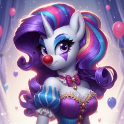 Size: 1024x1024 | Tagged: suggestive, ai content, derpibooru import, machine learning generated, prompter:heydude5321, rarity, anthro, pony, unicorn, g4, alternate eye color, alternate hairstyle, balloon, bowtie, clothes, clown, clown makeup, clown nose, curtains, female, generator:bing image creator, generator:dall-e 3, horn, image, jpeg, mare, red nose