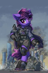 Size: 2108x3184 | Tagged: safe, artist:ravistdash, derpibooru import, oc, oc:velocity, unofficial characters only, pony, semi-anthro, unicorn, bipedal, boots, bounty hunter, city, clothes, commission, crush fetish, destruction, female, fetish, giant pony, giantess, gun, hoof boots, horn, image, jpeg, macro, outfit, shoes, size difference, smug, unicorn oc, weapon