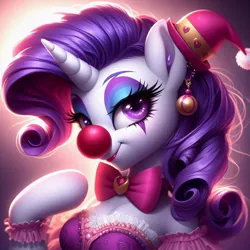 Size: 1024x1024 | Tagged: suggestive, ai content, derpibooru import, machine learning generated, prompter:heydude5321, rarity, anthro, pony, unicorn, g4, alternate eye color, bowtie, clothes, clown, clown makeup, clown nose, ear piercing, earring, female, generator:bing image creator, generator:dall-e 3, hat, horn, image, jewelry, jpeg, lipstick, mare, piercing, red nose, solo