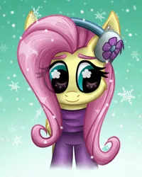 Size: 2000x2500 | Tagged: safe, artist:sunamoonmlp, derpibooru import, fluttershy, pegasus, pony, g4, clothes, cute, derpibooru exclusive, female, image, mare, png, scarf, smiling, snow, snowflake, solo, winter, winter outfit