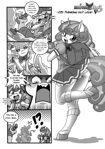 Size: 1500x2114 | Tagged: suggestive, artist:boastudio, derpibooru import, pound cake, princess flurry heart, pumpkin cake, smooze, alicorn, anthro, pegasus, unguligrade anthro, unicorn, comic:hooves & fins, g4, ass, backpack, black and white, blush sticker, blushing, butt, clothes, comic, disguise, exclamation point, flurrybutt, grayscale, horn, image, interrobang, monochrome, older, older flurry heart, older pound cake, older pumpkin cake, open mouth, open smile, panties, png, question mark, school uniform, schoolgirl, skirt, smiling, standing, standing on one leg, underwear