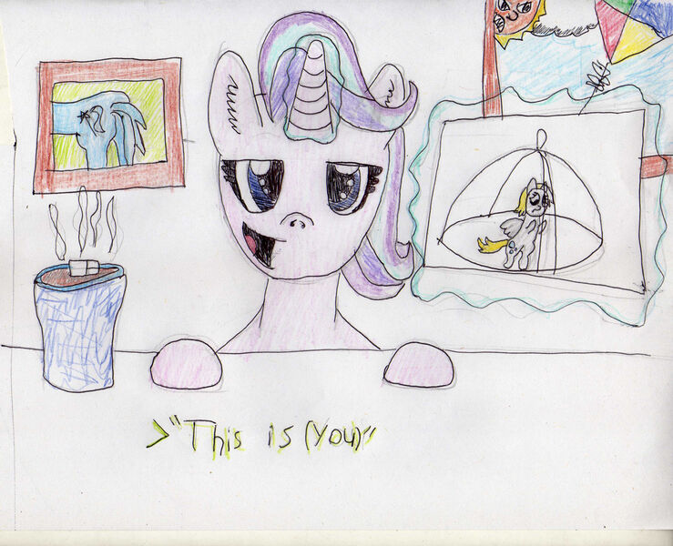 Size: 3134x2543 | Tagged: safe, artist:zenco, derpibooru import, derpy hooves, starlight glimmer, trixie, g4, (you), butt, chocolate, colored pencil drawing, drink, empathy cocoa, food, hot chocolate, image, jpeg, kite, levitation, magic, meme, plot, ponified meme, sun, telekinesis, the great and powerful ass, traditional art