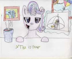 Size: 3134x2543 | Tagged: safe, artist:zenco, derpibooru import, derpy hooves, starlight glimmer, trixie, g4, (you), butt, chocolate, colored pencil drawing, drink, empathy cocoa, food, hot chocolate, image, jpeg, kite, levitation, magic, meme, plot, ponified meme, sun, telekinesis, the great and powerful ass, traditional art