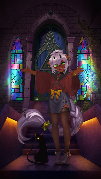 Size: 1694x3000 | Tagged: safe, artist:dogs, derpibooru import, oc, anthro, cat, anthro oc, collage, derpibooru exclusive, door, hat, image, long tail, photoshop, png, reaching, ribbon, scenery, stained glass, stairs, tail