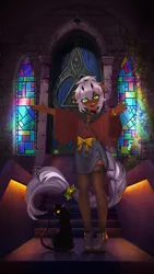 Size: 1694x3000 | Tagged: safe, artist:dogs, derpibooru import, oc, anthro, cat, anthro oc, collage, derpibooru exclusive, door, hat, image, long tail, photoshop, png, reaching, ribbon, scenery, stained glass, stairs, tail