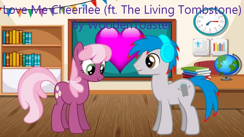 Size: 1280x720 | Tagged: safe, artist:user15432, artist:woodentoaster, derpibooru import, cheerilee, oc, oc:the living tombstone, earth pony, pony, g4, book, bookshelf, chair, chalkboard, classroom, clock, globe, headphones, heart, image, jpeg, looking at each other, looking at someone, love me cheerilee, smiling, smiling at each other, table