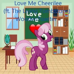 Size: 900x900 | Tagged: safe, artist:user15432, artist:woodentoaster, derpibooru import, cheerilee, earth pony, pony, g4, album, album cover, book, chair, chalkboard, classroom, globe, heart, image, jpeg, lamp, love me cheerilee, open mouth, open smile, paper, shelf, smiling, table, window