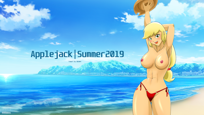 Size: 1920x1080 | Tagged: questionable, alternate version, artist:tittoons, applejack, human, abs, applejack's hat, areola, armpits, beach, bikini, bikini bottom, breasts, busty applejack, clothes, cowboy hat, cutie mark on human, female, hat, humanized, image, looking at you, nipples, nudity, outdoors, partial nudity, png, red bikini, smiling, solo, solo female, swimsuit, topless, wallpaper