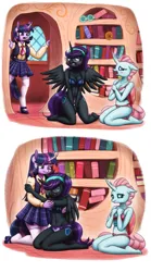 Size: 1505x2700 | Tagged: suggestive, artist:king-kakapo, derpibooru import, ocellus, twilight sparkle, oc, oc:nyx, alicorn, anthro, pony, unguligrade anthro, unicorn, g4, 2 panel comic, belly, belly button, big breasts, blue bra, blushing, bra, breasts, busty nyx, busty ocellus, cleavage, clothes, comforting, comic, commission, covering, covering breasts, crying, emanata, embarrassed, embarrassed underwear exposure, female, females only, frilly underwear, glasses, golden oaks library, headband, heart, heart print underwear, high res, hug, image, indoors, kneeling, library, mare, mary janes, mismatched underwear, moon print underwear, mother and child, mother and daughter, necktie, no dialogue, older, older nyx, older ocellus, panties, partially undressed, pink underwear, plaid skirt, pleated skirt, plewds, png, purple panties, purple underwear, round glasses, schoolgirl, shoes, skirt, socks, starry underwear, stockings, suspenders, sweat, teleportation mishap, thigh highs, trio, trio female, underwear, unicorn twilight, vest, wardrobe malfunction