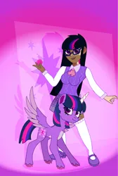 Size: 1412x2100 | Tagged: safe, artist:prixy05, derpibooru import, twilight sparkle, twilight sparkle (alicorn), alicorn, human, pony, blackwashing, clothes, duo, glasses, gradient background, human ponidox, humanized, image, magic, moderate dark skin, png, self paradox, self ponidox, vitiligo