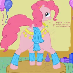 Size: 2000x2000 | Tagged: suggestive, artist:notawriteranon, derpibooru import, pinkie pie, pony, g4, belly dancer outfit, clothes, female, image, jpeg, looking back, solo, solo female