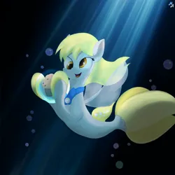 Size: 894x894 | Tagged: safe, artist:maslivka, derpibooru import, derpy hooves, pegasus, pony, seapony (g4), g4, bubble, crepuscular rays, cute, derpy being derpy, digital art, dorsal fin, female, fin, fin wings, fins, fish tail, flowing mane, flowing tail, food, happy, image, jewelry, mare, muffin, necklace, ocean, open mouth, open smile, pearl necklace, png, race swap, scales, seaponified, seapony derpy hooves, smiling, solo, species swap, spread wings, sunlight, swimming, tail, underwater, water, wings