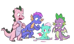 Size: 5315x3171 | Tagged: safe, artist:chub-wub, derpibooru import, master kenbroath gilspotten heathspike, sparky sparkeroni, spike, spike (g1), dragon, g1, g3, g4, g5, baby, baby dragon, crossed arms, dragon wings, duality, egg, generation leap, group, high res, image, jpeg, male, open mouth, open smile, quartet, simple background, sitting, smiling, spread wings, white background, winged spike, wings