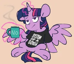 Size: 3707x3209 | Tagged: safe, artist:chub-wub, derpibooru import, twilight sparkle, twilight sparkle (alicorn), alicorn, pony, g4, clothes, female, glow, glowing horn, horn, image, jpeg, levitation, magic, magic aura, mare, mug, no, shirt, sitting, solo, spread wings, system of a down, t-shirt, telekinesis, twilight is not amused, twilight sparkle is not amused, unamused, wings