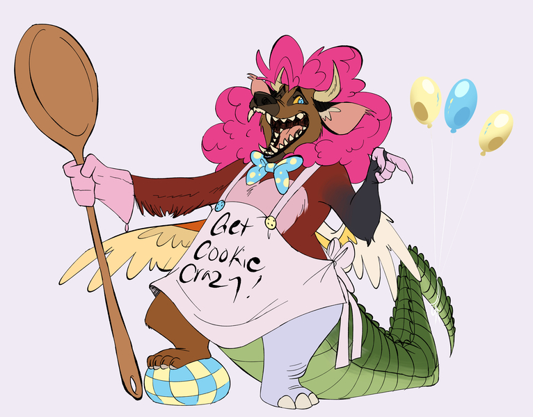 Size: 5976x4681 | Tagged: safe, artist:chub-wub, derpibooru import, part of a set, pinkie pie, draconequus, g4, apron, ball, balloon, big ears, blue eyes, bowtie, claws, clothes, colored, colored ear fluff, colored pinnae, colored sclera, curly hair, draconequified, ear fluff, ear tufts, eyelashes, female, flat colors, floppy ears, holding, horns, image, jpeg, mismatched legs, mismatched wings, open mouth, open smile, oven mitts, pink hair, pinkonequus, raised arms, sharp teeth, smiling, solo, species swap, spoon, spread wings, standing, teeth, tongue out, wings, wings down, wooden spoon, xk-class end-of-the-world scenario, yellow sclera