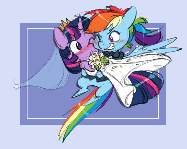 Size: 4809x3841 | Tagged: safe, artist:chub-wub, derpibooru import, rainbow dash, twilight sparkle, twilight sparkle (alicorn), alicorn, pegasus, pony, g4, alternate hairstyle, blushing, bowtie, bridal carry, carrying, clothes, coat, crown, cute, dashabetes, dress, duo, duo female, eye contact, female, flower, grin, horn, image, jewelry, jpeg, lesbian, lesbian wedding, looking at each other, looking at someone, mare, marriage, one eye closed, ponytail, regalia, ring, shipping, smiling, tuxedo, twiabetes, twidash, veil, wedding, wedding dress, wedding ring, wedding suit, wedding veil, wings, wink