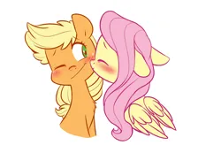 Size: 2273x1495 | Tagged: safe, artist:chub-wub, derpibooru import, applejack, fluttershy, earth pony, pegasus, pony, g4, appleshy, blushing, cute, duo, duo female, eyes closed, female, floppy ears, folded wings, freckles, image, jackabetes, jpeg, kiss on the cheek, kissing, lesbian, mare, one eye closed, ship:appleshy, shipping, shyabetes, simple background, white background, wings, wink