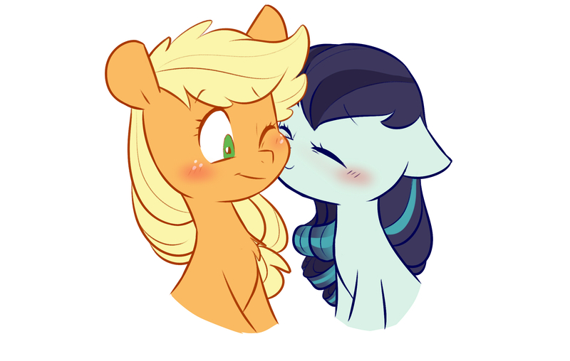 Size: 2273x1442 | Tagged: safe, artist:chub-wub, derpibooru import, applejack, coloratura, earth pony, pony, g4, blushing, cute, duo, duo female, eyes closed, female, floppy ears, freckles, image, jackabetes, jpeg, kiss on the cheek, kissing, lesbian, mare, one eye closed, rara, rarabetes, rarajack, ship:rarajack, shipping, simple background, white background, wink