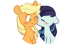 Size: 2273x1442 | Tagged: safe, artist:chub-wub, derpibooru import, applejack, coloratura, earth pony, pony, g4, blushing, cute, duo, duo female, eyes closed, female, floppy ears, freckles, image, jackabetes, jpeg, kiss on the cheek, kissing, lesbian, mare, one eye closed, rara, rarabetes, rarajack, ship:rarajack, shipping, simple background, white background, wink