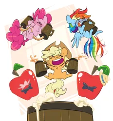 Size: 3930x4237 | Tagged: safe, artist:chub-wub, derpibooru import, applejack, pinkie pie, rainbow dash, earth pony, pegasus, pony, g4, apple, applejack's hat, barrel, bowtie, chibi, cider, cider mug, cowboy hat, cute, dashabetes, diapinkes, drink, drinking, eyes closed, female, food, freckles, hat, image, jackabetes, jpeg, mare, mug, open mouth, ponytober, simple background, trio, white background, wings