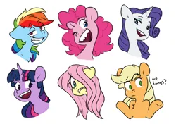 Size: 5312x3748 | Tagged: safe, artist:chub-wub, derpibooru import, applejack, fluttershy, pinkie pie, rainbow dash, rarity, twilight sparkle, earth pony, pegasus, pony, unicorn, g4, chest fluff, confused, cute, cute little fangs, eyebrows, eyebrows visible through hair, eyeshadow, fangs, female, floppy ears, freckles, grin, gritted teeth, group, hair over one eye, hiding behind mane, horn, image, jpeg, lidded eyes, looking at you, makeup, mane six, mare, one of these things is not like the others, open mouth, open smile, sextet, sharp teeth, shrug, simple background, smiling, teeth, white background