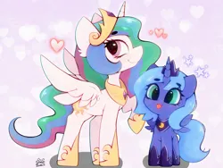 Size: 4000x3000 | Tagged: safe, artist:zokkili, derpibooru import, princess celestia, princess luna, alicorn, pony, g4, :p, crown, duo, duo female, eyebrows, eyebrows visible through hair, female, heart, high res, hoof shoes, horn, image, jewelry, jpeg, mare, peytral, princess shoes, profile, raised hoof, regalia, royal sisters, siblings, side view, signature, sisters, smiling, spread wings, tongue out, wings