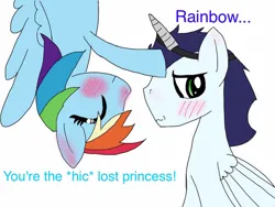 Size: 749x562 | Tagged: safe, artist:melovedogs123, derpibooru import, rainbow dash, soarin', pegasus, pony, drunk, drunker dash, fake alicorn, fake horn, female, image, jpeg, male, mare, shipping, simple background, soarindash, stallion, straight, white background