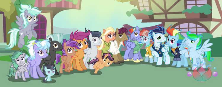 Size: 750x295 | Tagged: safe, artist:sealilyan, derpibooru import, bow hothoof, cloudchaser, mane allgood, rainbow dash, rumble, scootaloo, snap shutter, soarin', thunderlane, windy whistles, earth pony, pegasus, pony, g4, the last problem, female, foal, image, male, mare, my little pony, offspring, older, older rainbow dash, older rumble, older scootaloo, older soarin', older soarindash, parent:cloudchaser, parent:rainbow dash, parent:rumble, parent:scootaloo, parent:soarin', parent:thunderlane, parents:rumbloo, parents:soarindash, parents:thunderchaser, png, rumbloo, ship:thunderchaser, shipping, soarindash, stallion, straight