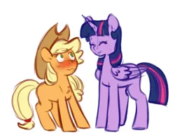 Size: 5256x4052 | Tagged: safe, artist:chub-wub, derpibooru import, applejack, twilight sparkle, twilight sparkle (alicorn), alicorn, earth pony, pony, g4, applejack's hat, blushing, cowboy hat, duo, duo female, eyes closed, female, folded wings, hat, height difference, horn, image, jpeg, lesbian, mare, missing cutie mark, ship:twijack, shipping, simple background, size difference, smiling, twijack, white background, wings