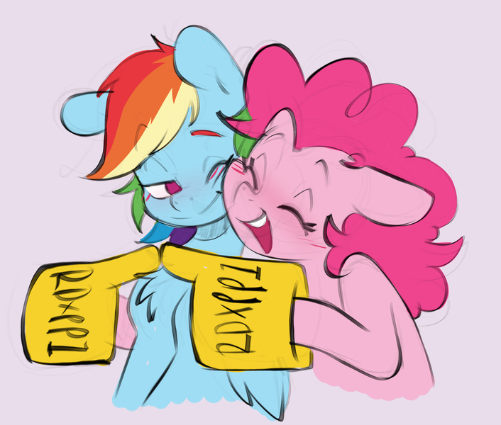 Size: 2524x2146 | Tagged: safe, artist:chub-wub, derpibooru import, pinkie pie, rainbow dash, earth pony, pegasus, pony, g4, blushing, chest fluff, cute, dashabetes, diapinkes, duo, duo female, eyes closed, female, foam finger, hug, image, jpeg, lesbian, mare, one eye closed, open mouth, open smile, pink background, pinkiedash, shipping, simple background, smiling, wink