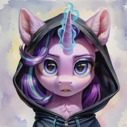 Size: 1024x1024 | Tagged: safe, ai content, derpibooru import, machine learning generated, prompter:ilham470, starlight glimmer, unicorn, g4, glow, glowing horn, hood, horn, image, looking at you, png