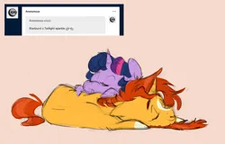 Size: 5343x3419 | Tagged: safe, artist:chub-wub, derpibooru import, sunburst, twilight sparkle, twilight sparkle (alicorn), alicorn, pony, unicorn, g4, ask, beard, blushing, chibi, cuddling, cute, duo, duo male and female, eyes closed, facial hair, female, horn, image, jpeg, lying down, male, mare, markings, prone, shipping, sleeping, stallion, straight, sunbetes, tumblr, twiabetes, twiburst