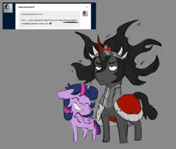 Size: 4573x3873 | Tagged: safe, artist:chub-wub, derpibooru import, king sombra, twilight sparkle, twilight sparkle (alicorn), alicorn, pony, unicorn, g4, alternate hairstyle, armor, ask, blushing, chibi, cloak, clothes, crown, cute, duo, duo male and female, eyes closed, female, folded wings, gray background, grin, horn, image, jewelry, jpeg, male, mare, raised hoof, regalia, ship:twibra, shipping, simple background, smiling, sombradorable, stallion, straight, tumblr, twiabetes, twibra, wings