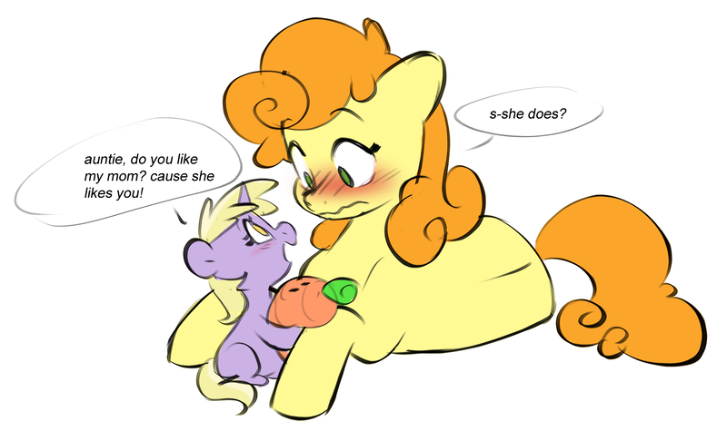 Size: 5156x3059 | Tagged: safe, artist:chub-wub, derpibooru import, carrot top, dinky hooves, golden harvest, earth pony, pony, unicorn, g4, blank flank, blushing, carrot, cute, dialogue, duo, female, filly, flustered, foal, food, horn, image, implied derpy, implied derpytop, implied lesbian, implied shipping, jpeg, lying down, mare, open mouth, plushie, prone, simple background, sitting, speech bubble, white background